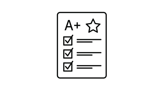 A simple black outline icon of a test paper with an A-plus grade and a star symbolizing excellent school performance.