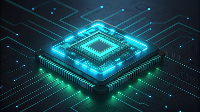 Glowing futuristic microchip processor with circuit board connections and neon lights