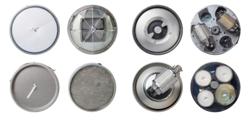 Various Types of Metal Containers and Covers for Industrial Use, Isolated on Transparent Background