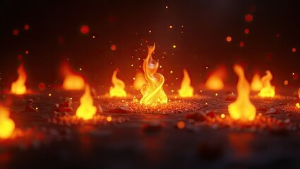 Illuminated flames rise from dark ground, radiating warmth and light, creating a captivating and mysterious atmosphere with glowing embers and blurred bokeh against a black backdrop.