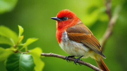 A vibrant vermilion flycatcher perched gracefully observes its verdant domain with soft diffused