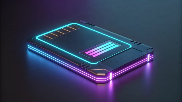 Futuristic glowing device with neon lights in dark background