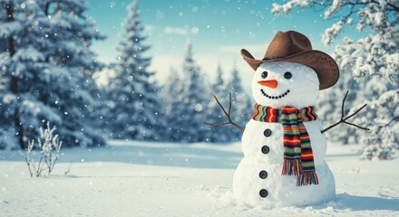 Winter's Charm: A cheerful snowman, adorned with a hat and scarf, stands proudly amidst a snowy winter wonderland, exuding the joyful spirit of the season.