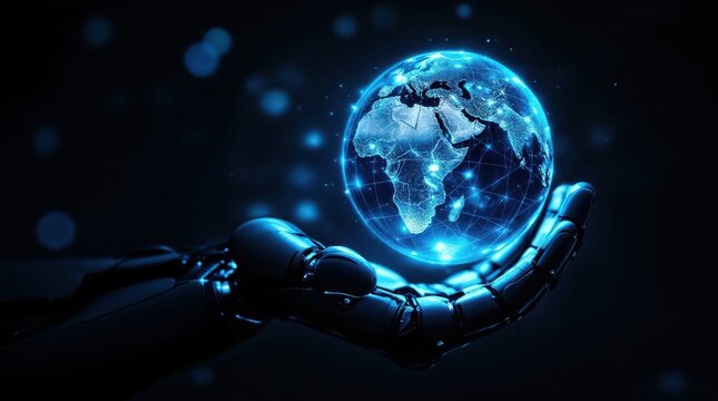 Global Innovation in Hand: Futuristic robot hand cradles a glowing globe, symbolizing technological progress, innovation, and the digital age.