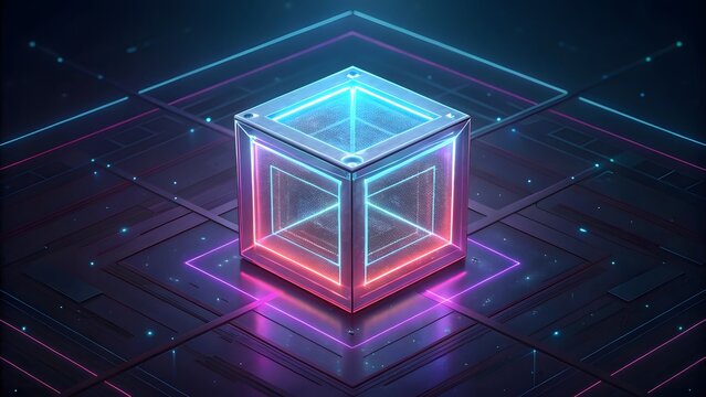 Glowing neon cube structure in futuristic digital grid with blue and pink light - Powered by Adobe