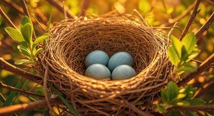 A Bird's Cradle of Life: A meticulously woven bird's nest cradles a precious clutch of vibrant blue eggs, nestled amidst a sun-dappled tapestry of branches.