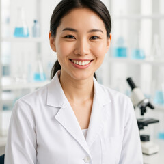 Smiling Scientist: A radiant scientist in a lab coat beams confidently, embodying intelligence and dedication within a vibrant laboratory setting.