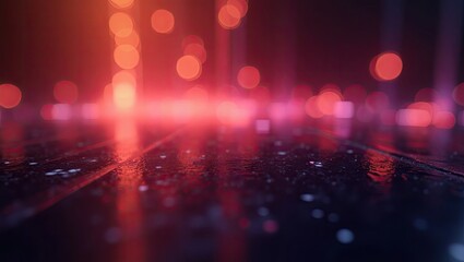 Intense red and orange bokeh light creates a blurred abstract landscape, featuring a textured surface in the foreground that reflects the vibrant illumination.