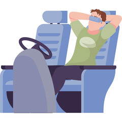 Man Relaxing in Airplane Seat Wearing Eye Mask Arms Behind Head Green TShirt and Blue Pants Transparent Background