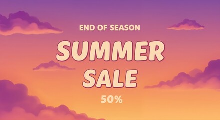 Summer Sale Event: A vibrant promotional banner highlights a summer sale with the radiant glow of sunset, with fluffy clouds, inviting consumers to save 50%.