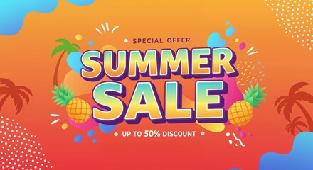 Obraz premium Summer Sale Banner: A vibrant and eye-catching banner announces a Summer Sale, featuring bright colors, tropical elements, and a tempting discount, perfect for promoting seasonal offers.