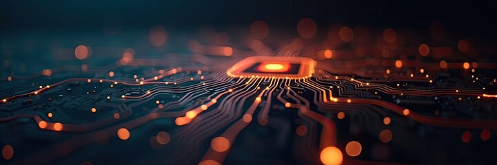 Futuristic technological circuit board design showcases intricate details with flowing lines, subtle bokeh, and a central glowing element, conveying a sense of innovation and data processing in a...