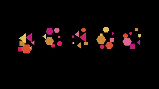 Five abstract geometric shapes in a row against a black backdrop, featuring triangles, circles, and hexagons in shades of pink, orange, and yellow