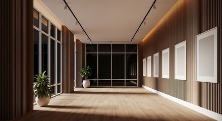 Obraz premium An empty modern art gallery or hallway with vertical wood paneling, blank frames for mockup, and large windows