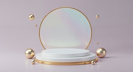 Elegant Display Podium: An elegant, minimalist display podium, framed by a shimmering gold ring and delicate spheres. Perfect for showcasing products or celebrating achievements.