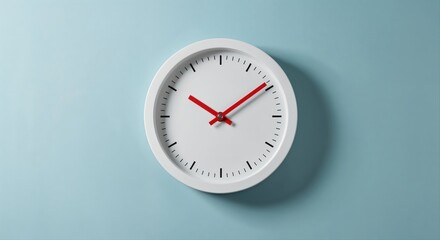 Clock on pastel-toned wall: The image showcases a classic round clock with a white face and red hands, fixed on a soothing pastel-toned background, which signifies the essence of time management.