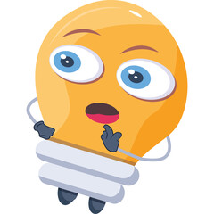 Surprised Orange Light Bulb Character with Wide Blue Eyes and Open Mouth Pondering a New Idea on Transparent Background