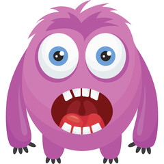 Surprised Purple Fuzzy Monster With Big Blue Eyes and Wide Open Mouth Showing Teeth on Transparent Background Detailed Cartoon Illustration