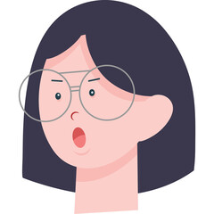 Surprised Woman Face with Glasses and Dark Hair Gasping in Light Pink Skin Tone with Detailed Facial Expression and Transparent Background