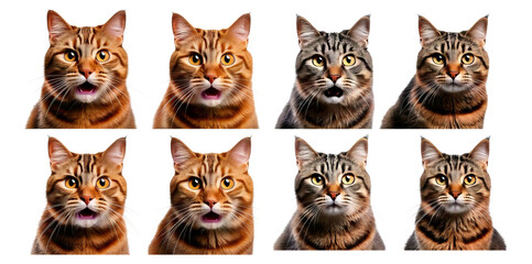 Various Cat Expressions in a Grid Format for Creative Projects, Isolated on Transparent, white background