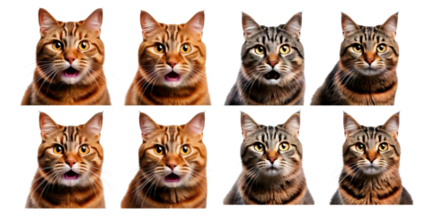 Various Cat Expressions in a Grid Format for Creative Projects, Isolated on Transparent, white background