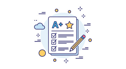 A colorful flat design icon of a school test paper with checkmarks a pencil and a bright A-plus grade with a gold star.