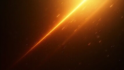 Glowing diagonal beam of light streaks across a dark background, illuminating tiny particles with golden orange tones, creating an abstract, atmospheric and vibrant visual effect.