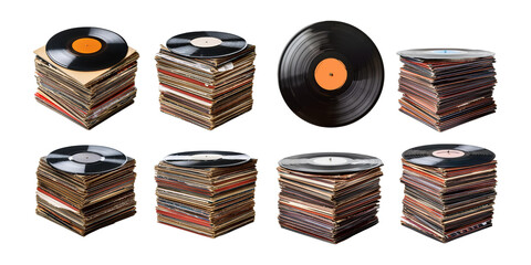 Vintage Vinyl Records Stack Collection, set collection, mega bundle, isolated on transparent background