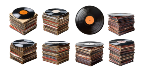 Vintage Vinyl Records Stack Collection, set collection, mega bundle, isolated on transparent background