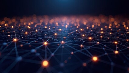 Abstract depiction showcases interconnected nodes and lines emitting bright, warm-colored lights, representing data or a network, with a soft, blurred effect creating a sense of depth and connection.