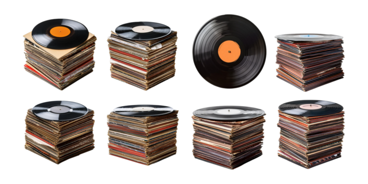 Vintage Vinyl Records Stack Collection, set collection, mega bundle, isolated on transparent background