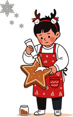 Young child decorating a star-shaped gingerbread cookie with icing.