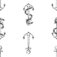 A seamless graphic pattern with a ship's anchor. Monochrome ink illustration in a simple style. Ideal for Navy Day cards, textiles, and wrapping paper.