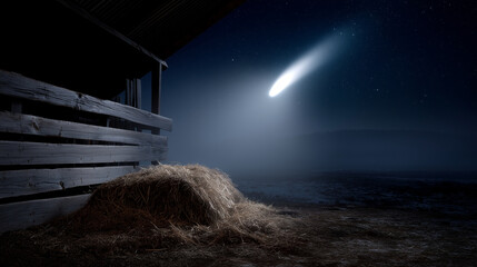 A hyper-detailed cinematic and reverent scene of an empty wooden manger illuminated by a bright comet star streaking across the night sky. The manger is centrally placed in the for