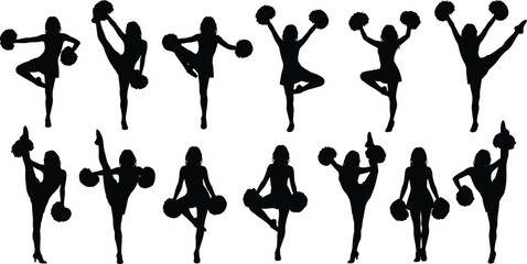Cheerleader Silhouettes Set: Collection of Dynamic Poses with Pom-Poms, Featuring Women Cheerleaders Performing Energetic Splits, High Kicks, and Standing Jumps.