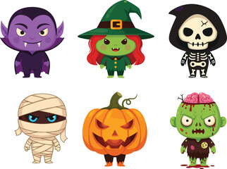 Cute Halloween Cartoon Characters Set, Adorable Vector Collection of Spooky Costumes: Vampire, Witch, Grim Reaper, Zombie, Mummy, and Jack-o'-Lantern  Halloween Cartoon Characters Set, Adorable 
