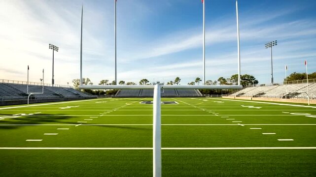 Scenic View of American Football Field with Goalposts and Bleachers Under Blue Sky