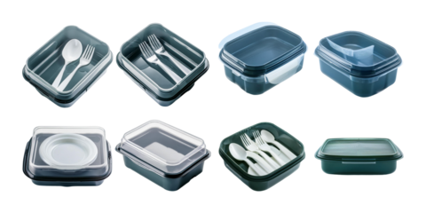 set of plastic food containers with cutlery included, isolated on a transparent background, ideal for meal prep, storage, or lunch packaging projects.