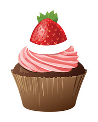 Decadent chocolate cupcake topped with a generous swirl of pink frosting and a single red strawberry, a perfect sweet treat or dessert - Vector Illustration