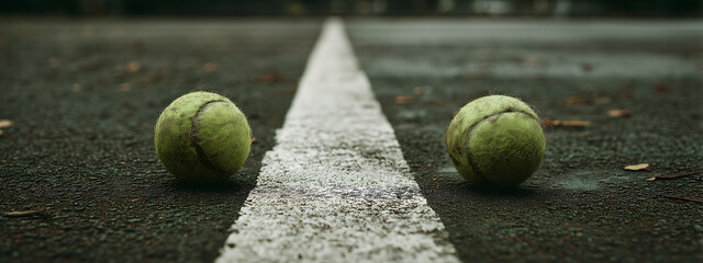 Green tennis balls positioned on a gritty outdoor court with a crisp white dividing line