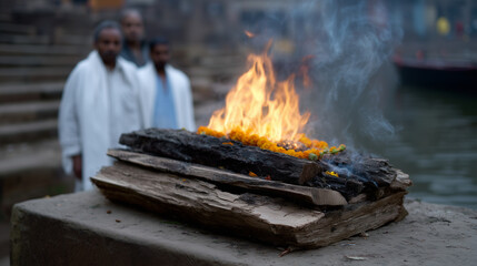 A hyper-detailed cinematic documentary-style scene depicting a traditional Hindu funeral cremation ceremony taking place along the sacred ghats of Varanasi beside the Ganges River.