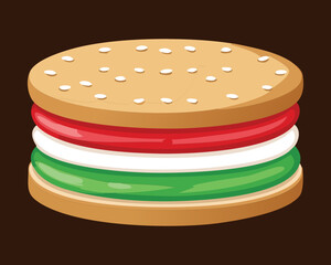Round sandwich cookie with red and green cream filling, a simple, classic, and colorful baked sweet treat for holiday celebrations - Vector Illustration