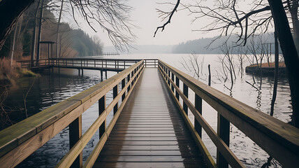 A moody and atmospheric photograph of a long wooden boardwalk extending across a calm lake towards a foggy shoreline on an overcast day