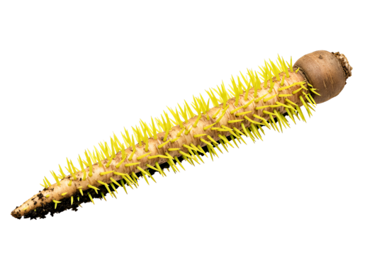 Unique horseradish root sprouting with vibrant green shoots, perfect for food blogs, gardening guides and illustrating growth, freshness, and natural vitality