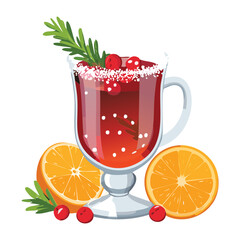 Mulled Wine Grog Holiday Drink with Orange Slices and Cinnamon Stick in a Glass Mug Warm Festive Beverage - Vector Illustration
