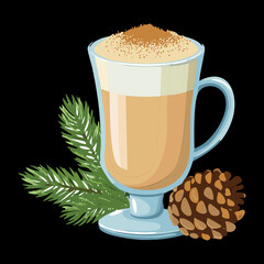 Warm Irish Coffee with Cream and Cinnamon Stick in a Footed Glass Mug Garnished with Pinecone and Greenery - Vector Illustration
