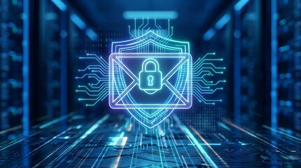 Futuristic secure email icon with circuitry patterns, digital shield elements, representing advanced encrypted communication system