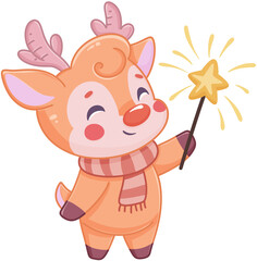 Cute cartoon reindeer with magic wand and holiday scarf
