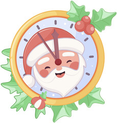 Cute Christmas Clock with Santa and Holly Leaves