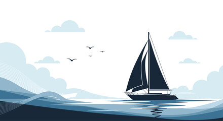 Naklejka premium A stylized illustration of a lone sailboat on a wavy sea with clouds and birds in a calm monochromatic blue palette.